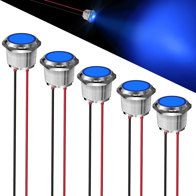 FICOLPO 5 قطع ضوء مؤشر معدني LED مقاوم للماء، 12-24 فولت، ثقب تركيب بقطر 0.87 بوصة، ضوء إشارة طيار موصل مسبقًا للسيارات والشاحنات والقوارب والبحرية والعدادات والكهرباء الصناعية (أزرق، 22 مم) - Image 1